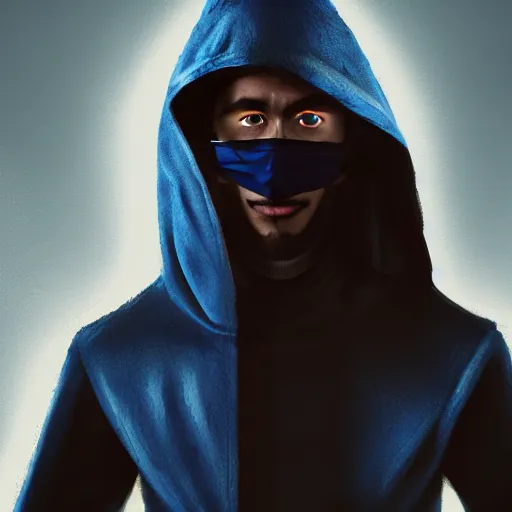 Image similar to a highly detailed, portrait of a man with black hair with a black medical mask, in a hood in the form of a blue shark with white teeth, artstation, DeviantArt, professional, octane render, digital art