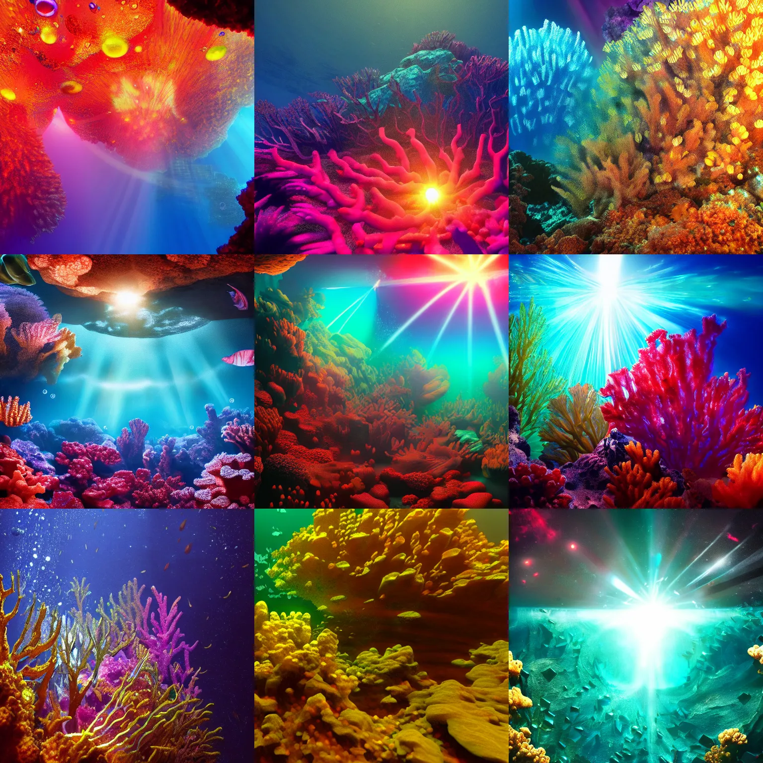 Prompt: deep underwater, shafts of light piercing and refracting, corals are gemstones, intro to uncut gems, intersecting shafts of refracting light, brilliant, artstation, science, nature documentary, soft light, depth of vision, blur