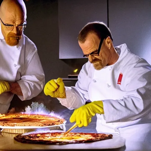 Image similar to walter White and Homer Simpson cooking pizza in the desert with a blowtorch