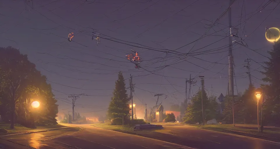 Image similar to a quaint suburban street at night colossal mech looms in the distance, realistic rendering, unreal engine, 4k, hdr, high dynamic range, f12, by simon stalenhag