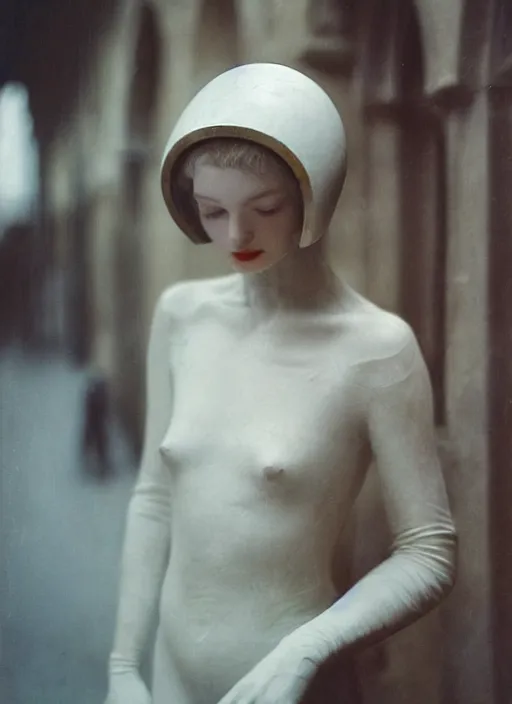 Prompt: medieval helm, motion blur!!, out of focus!! photorealistic portrait of a beautiful pale woman by saul leiter, translucent white skin, closed eyes, foggy, pale lips