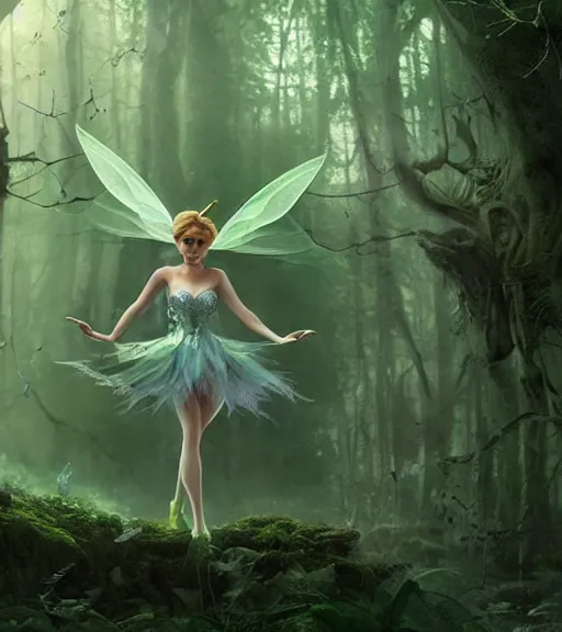 Image similar to evil tinker bell flying in an enchanted forest, flawless symmetrical pretty cute face, greg rutkowski, 8 k, shallow depth of field, intricate detail, concept art,