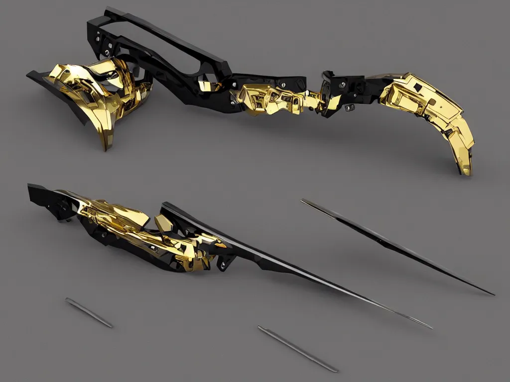 Image similar to intricate futuristic weapon made of brushed metal, chrome and carbon, gold linings