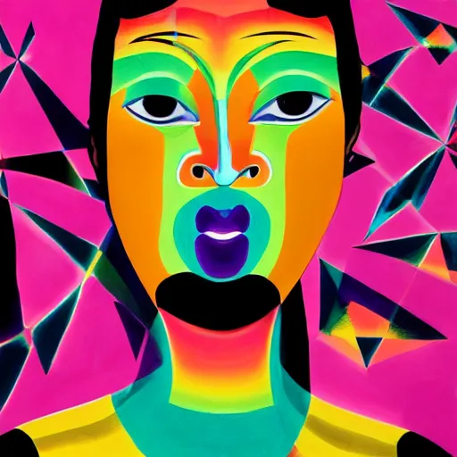 Prompt: closeup portrait of a black woman with yellow eyes and a rainbow background, gouache painting by tomokazu matsuyama, by ed paschke, by agnes pelton, by patrick nagel, behance contest winner, generative art, irridescent, holography, neon, dark art, retrowave, grain, androgynous, black background