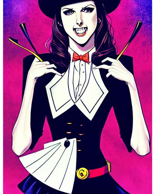 Image similar to beautiful Anna Kendrick Zatanna DC Comics floating on stage, wearing a top hat, symmetrical face symmetrical eyes, smiling, intricate details, atmospheric, art by eiichiro oda, Joshua Middleton art