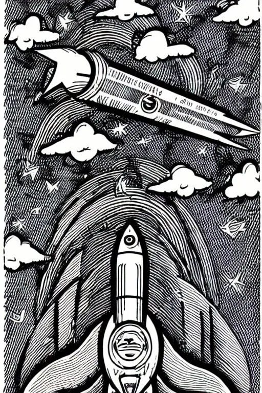 Image similar to mcbess illustration of a rocket ship with rainbow colors