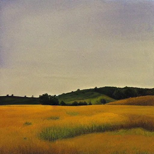 Prompt: “a soft prairie landscape during august, late afternoon, in the style of Andrew Wyeth”