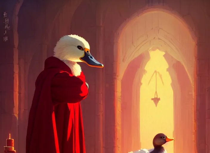 Image similar to cute fluffy mallard duck wearing red cultist robe, sacrificial altar in background, details, fantasy, epic, ancient city, landscape illustration concept art anime key visual trending pixiv fanbox by wlop and greg rutkowski and makoto shinkai and studio ghibli and kyoto animation symmetrical facial features