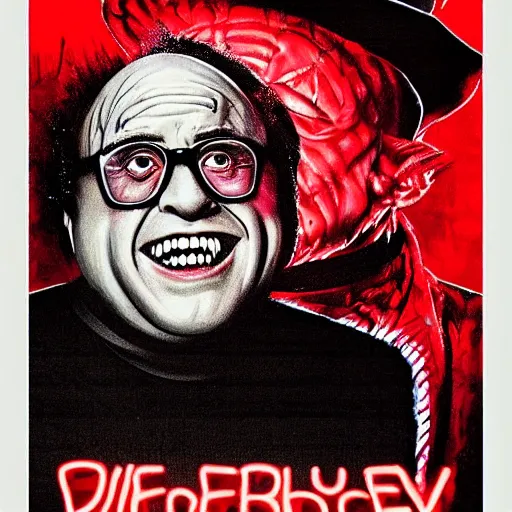 Prompt: danny devito is freddy kruger nightmare on elm street always sunny in philledelphia silloute night dark synth fog spooky red neon slasher movie poster high detail