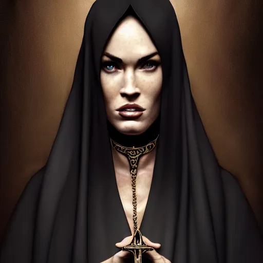 Image similar to portrait of megan fox as a nun in tight black robe, bible, christian, muscular upper body, collar, greek, jewelry, fantasy, intricate, elegant, highly detailed, digital painting, artstation, concept art, matte, sharp focus, illustration, art by aenaluck and roberto ferri and greg rutkowski, epic fantasy, digital painting