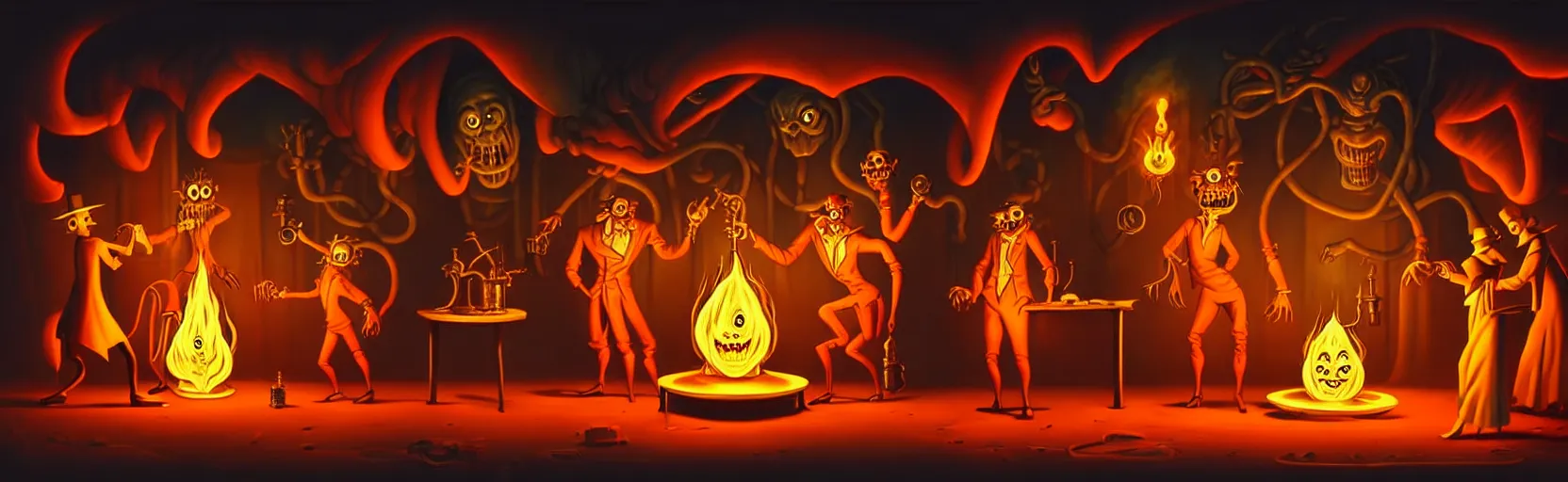 Image similar to uncanny alchemist monsters in a fiery alchemical lab, dramatic lighting, surreal 1 9 3 0 s fleischer cartoon characters, surreal painting by ronny khalil