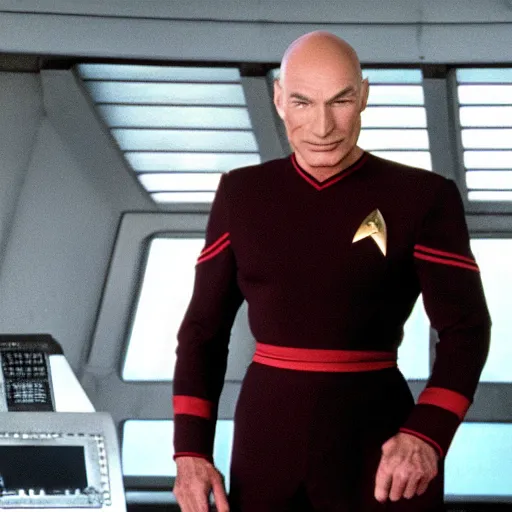 Image similar to muscular captain Picard in starfleet uniform on the bridge of the USS Enterprise