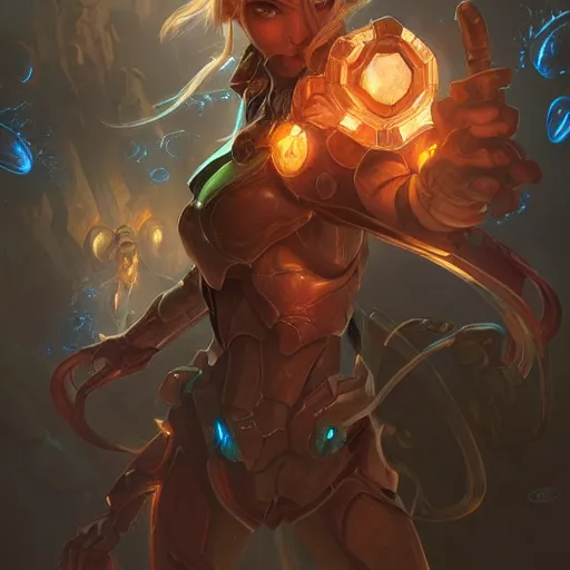 Prompt: metroid prime, deep focus, d & d, fantasy, intricate, elegant, highly detailed, digital painting, artstation, concept art, matte, sharp focus, illustration, hearthstone, art by artgerm and greg rutkowski and alphonse mucha