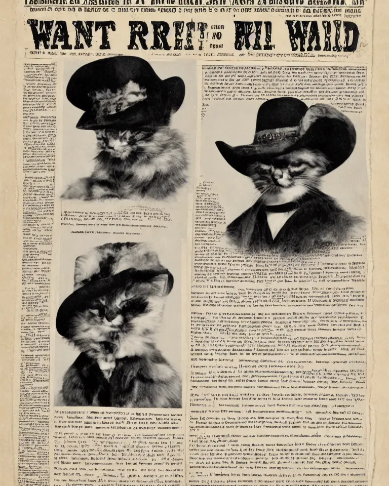 Image similar to 1865 wanted poster Wanted $1000 Reward kitten in cowboy hat Billy the Kit