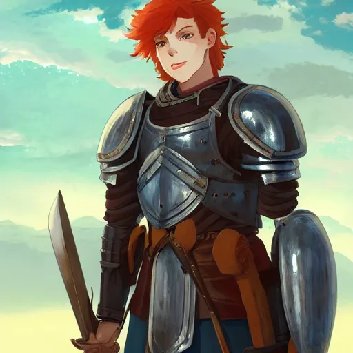 Prompt: portrait of a young redheaded boy with blue eyes and wearing armor, medieval background, highly detailed, digital painting, artstation, matte, by makoto shinkai, animation style, studio ghibli, anime key visual