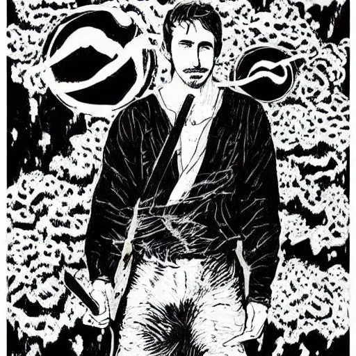 Image similar to black and white pen and ink!!!! attractive 22 year old geotic!! Frank Zappa x Ryan Gosling golden!!!! Vagabond!!!! floating magic swordsman!!!! glides through a beautiful!!!!!!! battlefield dramatic esoteric!!!!!! pen and ink!!!!! illustrated in high detail!!!!!!!! by Junji Ito and Hiroya Oku!!!!!!!!! graphic novel published on 2049 award winning!!!! full body portrait!!!!! action exposition manga panel black and white Shonen Jump issue by David Lynch beautiful line art