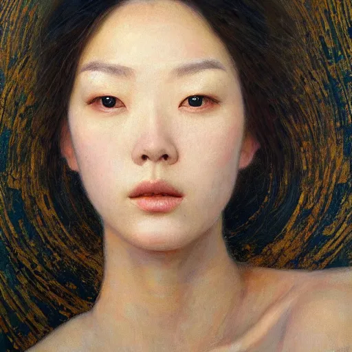 Image similar to high quality portrait painting of woman by Zhong Fenghua and Gustav Klimt, stunning, detailing, artstation trending, perfect lighting, golden hour, face detailing