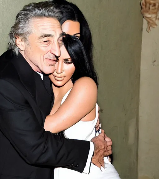 Image similar to robert deniro hugging kim kardashian in an abandoned mafia mansion