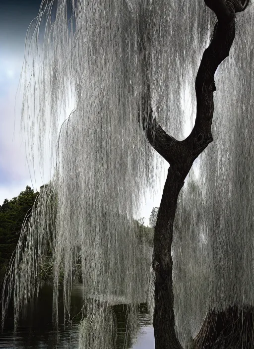 Image similar to nature photograph of a weeping willow with black bark and silver leaves sitting on a cliff in the distance in the style of stefan kostic, realistic, half body shot, sharp focus, 8 k high definition, insanely detailed, intricate, elegant, art by stanley lau and artgerm, luis royo, cloudy background