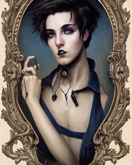 Image similar to a bust of a beautiful androgynous punk girl with short hair and beautiful eyes, beautiful face, wearing tall combat boots, who is a mechanic wearing overalls carrying a bag, digital concept art, detailed digital painting, ornate decorative border, by j. c. leyendecker and edward blair leighton and charlie bowater, trending on artstation