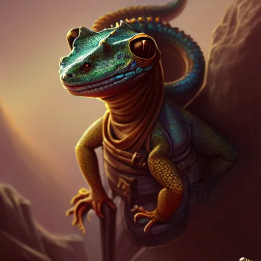 Prompt: Cute anthropomorphic Gecko as a Great Bagatur in Ancient Kazakh Khanate, Turkic, cover art, ultra wide lens shot, pretty, beautiful, DnD character art portrait, matte fantasy painting, DeviantArt Artstation, by Jason Felix by Steve Argyle by Tyler Jacobson by Peter Mohrbacher, cinematic lighting