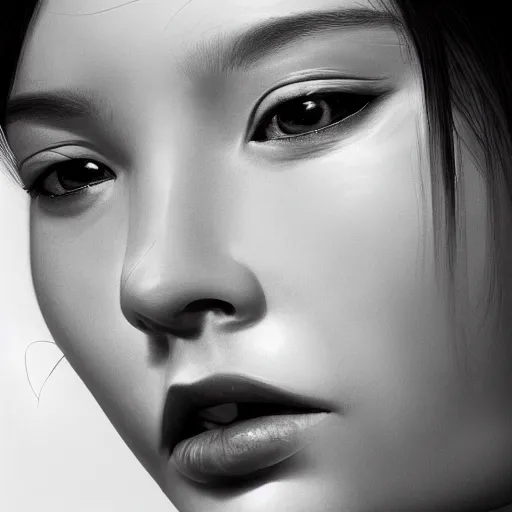 Image similar to a black and white photo of a woman's face, a hyperrealistic painting by sim sa - jeong, cg society contest winner, hyperrealism, hyper realism, ethereal, deviantart