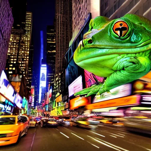 Prompt: giant frog attacking new york city