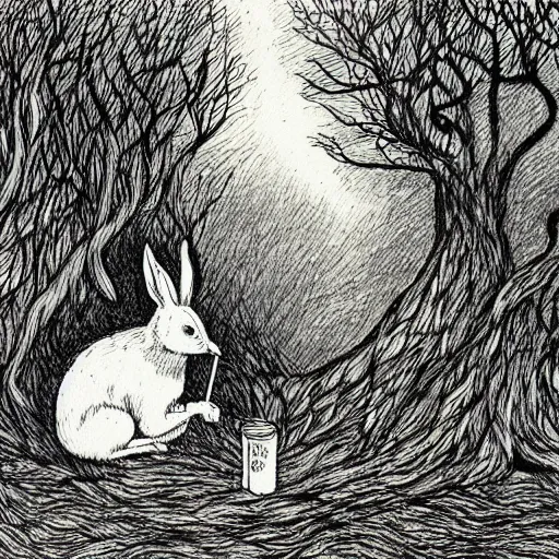 Image similar to a pen and ink drawing of a white rabbit smoking a cigarette while reclining in a deep dark tangled forest, a lingering smoke cloud, childrens book illustration, by edward gorey, by gustav dore