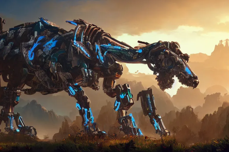 Image similar to thunderjaw machine mecha animal beast robot of horizon forbidden west horizon zero dawn bioluminiscence global illumination ray tracing hdr fanart arstation by sung choi and eric pfeiffer and gabriel garza and casper konefal