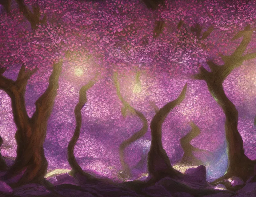 Prompt: disco in a cherry blossom limestone cavern. heavily stylized, oil painting by indie concept artist. backlighting, chiaroscuro, intricate details, field of depth.