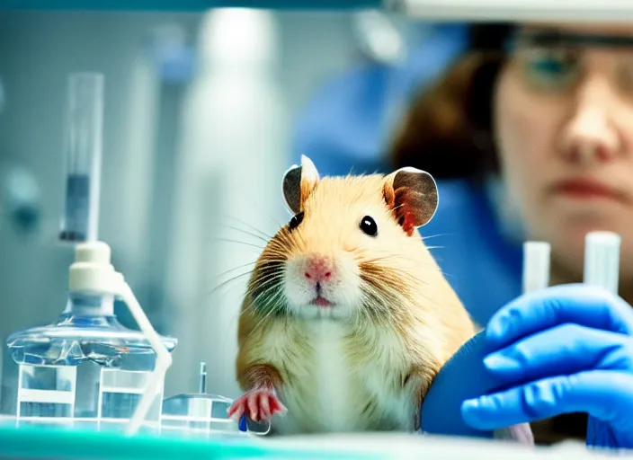 Image similar to film still of a hamster working in a research lab finding the cure for cancer, 8 k