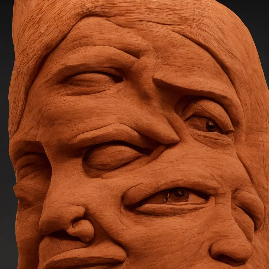 Image similar to hyperrealistic sculpture portrait of a stern woman's face carved out of a block of red cedar wood on a pedestal by duane hanson and donald judd, hyperrealistic dramatic colored lighting trending on artstation 8 k