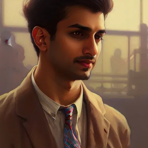 Image similar to Anxious good looking pale young Indian doctors wearing American clothes at the airport, portrait, elegant, intricate, digital painting, artstation, concept art, smooth, sharp focus, illustration, art by artgerm and greg rutkowski and alphonse mucha