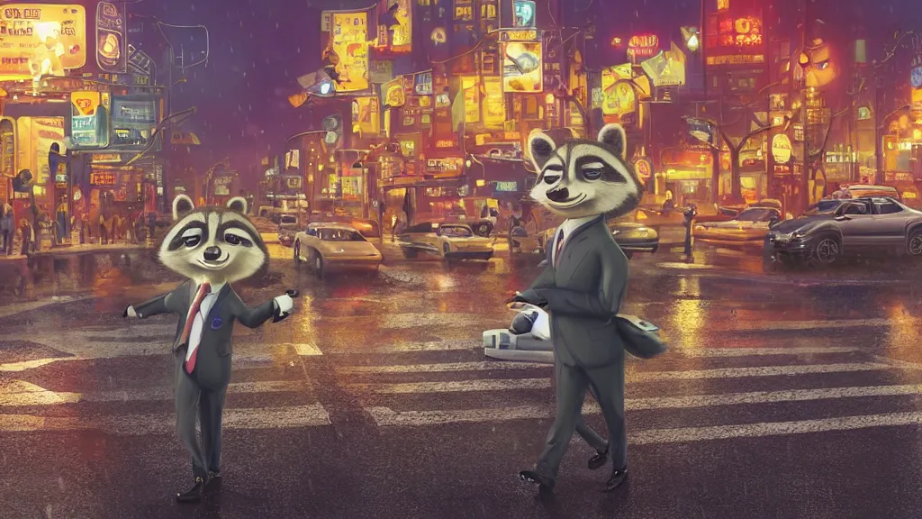 Prompt: A cute anthropomorphic raccoon businessman is walking down a busy crosswalk at in the rain at night, warm lighting with an orange glow blanketing the cityscape from the city lights, zootopia, other anthropomorphic characters are walking by him, extremely detailed, HDR, sideview, solemn and moody, many cars and animal people in the background, detailed face and eyes, large eyes with visible pupils, the road is wet with many rain puddles, reflections from the water on the ground, he is carrying a black briefcase