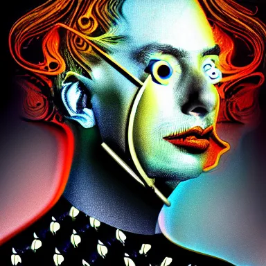 Image similar to portrait of a uncanny artist by Chor Boogie and Salvador Dali collaboration, digital art, mix of aesthetics, close up, high details