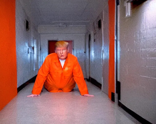 Prompt: establishing shot, film still of donald trump wearing orange prison pajamas locked up in an asylum prison padded cell, cinematic masterpiece, octane, dramatic lighting, very detailed