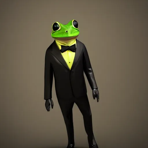 Image similar to a bussines man frog in a black suit, cinematic lightning, 8 k, octane render, art station, matte painting, trending, 8 k