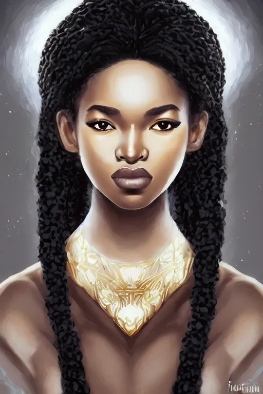 Prompt: A bust of a beautiful black skinned girl with large lips and smooth eyebrows and straight hair, HD, illustration, epic, fantasy, intricate, elegant, amazing detail, digital painting, artstation, concept art, smooth, sharp focus, illustration, art by Turine Tran