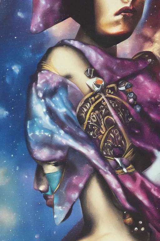 Image similar to hyperrealism oil painting, close - up portrait of medieval fashion model, warrior, steel gradient mixed with nebula sky, in style of baroque mixed with 7 0 s japan book art