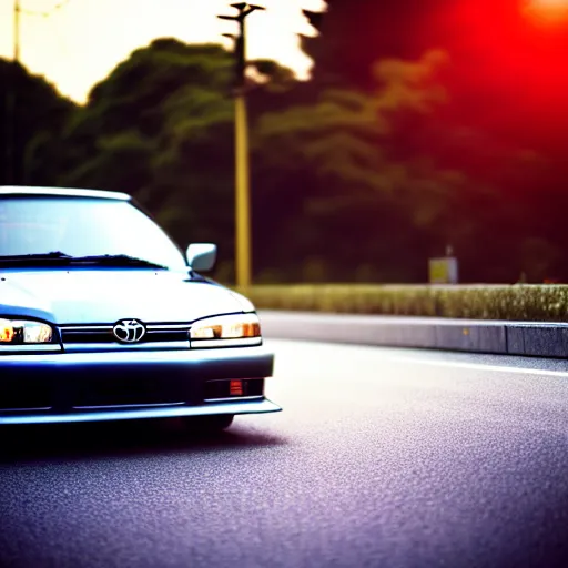 Image similar to a car Toyota JZX100 in middle of road, saitama prefecture, city sunset, cinematic color, photorealistic, highly detailed, bokeh