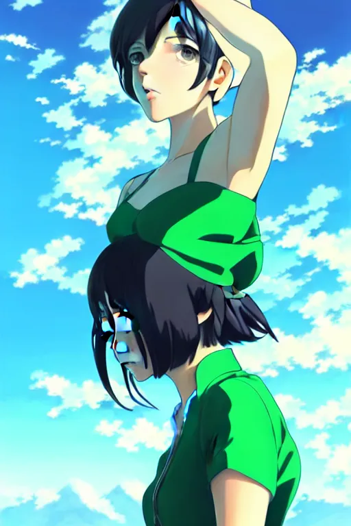 Image similar to makoto shinkai, artgerm, ilya kuvshinov, beautiful anime women with green dress, long blue hair, water powers water swirling, symmetrical face, symmetrical eyes, detailed, beach setting, cinematic lighting
