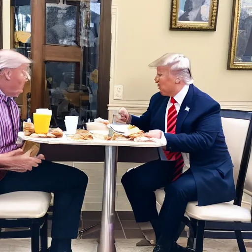 Image similar to photograph of trump and Biden sitting and eating breakfast at a Wafflehouse