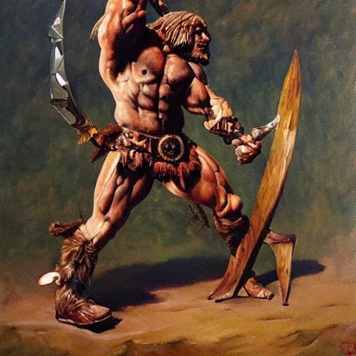 Prompt: muscular lion as barbarian hunter full body ,human legs ,very textured detailed oil painting by Frank Frazetta