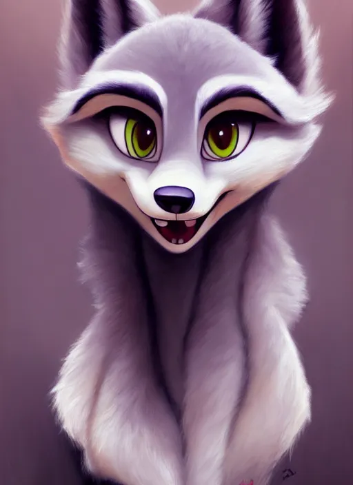 Image similar to oil painting of anthromorphic female wolf, in style of zootopia, female fursona, furry, furaffinity, 4 k, deviantart, furry art, fursona art, wearing black business suit, business suit, wolf fursona, female, very expressive detailed feminine face,