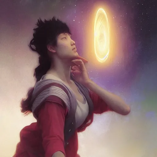 Image similar to A man drinking a cup of cosmic energy bright light, illustration by Ruan Jia and Mandy Jurgens and William-Adolphe Bouguereau, Artgerm, 4k, digital art, surreal, anime style, space dandy style, highly detailed, godsend, artstation, digital painting, concept art, smooth, sharp focus, illustration by Ruan Jia and Mandy Jurgens and William-Adolphe Bouguereau, Artgerm