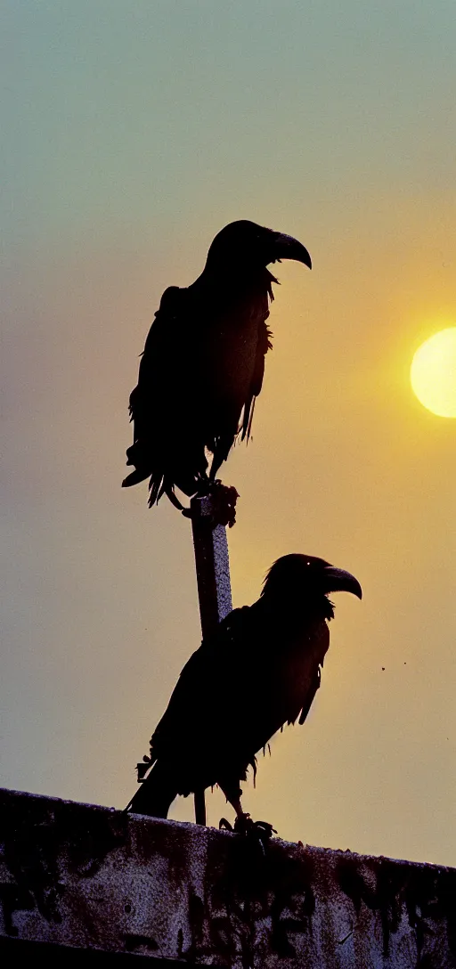 Prompt: Portrait of a tired battle-worn rugged post-apocalypse survivor staring contemplatively into the sunset from an abandoned overgrown rooftop terrace. A crow perched above stares at the sun, as well. Masterpiece. Photo taken with Kodak Professional Pro Image 100 35mm film.