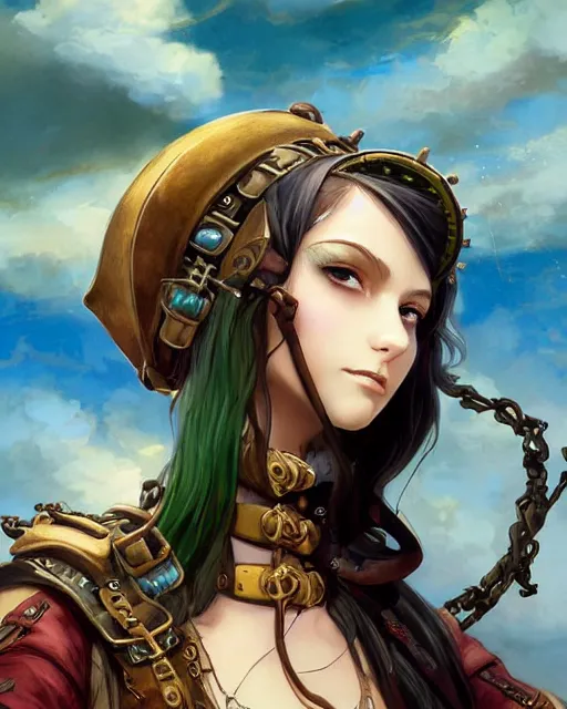 Prompt: a beautiful close up portrait 2D illustration of a young female steampunk pirate wearing leather armor on gold and red trimmings on green, by Charlie Bowater, tom bagshaw, Artgerm and Lois Van Baarle, beautiful anime face, very cool pose, pirate ship with an epic sky background, slightly smiling, cinematic anime lighting and composition, fantasy painting, very detailed, ornate, trending on artstation and pinterest, deviantart, google images