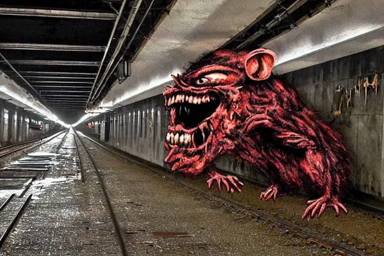 Image similar to very large giant mutant zombie irradiated ( angry rat ) staying on railways in tonnel of moscow subway. tonnel, railways, giant angry rat, furr, fangs, very realistic. extreme long shot, rusty colors, anish kapoor, herman nitsch, giger.