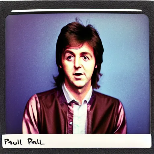 Image similar to Colored Colorized Polaroid Portrait of a younger 1970s 35 year old Paul McCartney, taken in the 1970s, photo taken on a 1970s polaroid camera, grainy, real life, hyperrealistic, ultra realistic, realistic, highly detailed, epic, HD quality, 8k resolution, body and headshot, film still, front facing, front view, headshot and bodyshot, detailed face, very detailed face, by Andy Warhol