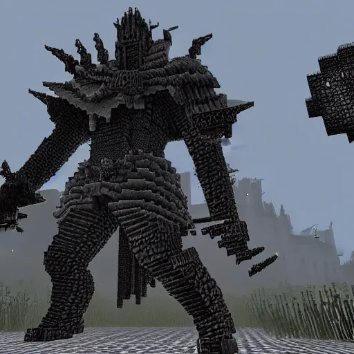 Prompt: gameplay screenshot of the game dark souls in the style of minecraft, a dark souls final boss battle in anor londo in the style of minecraft, unreal engine, raytracing and volumetric lighting, highly detailed